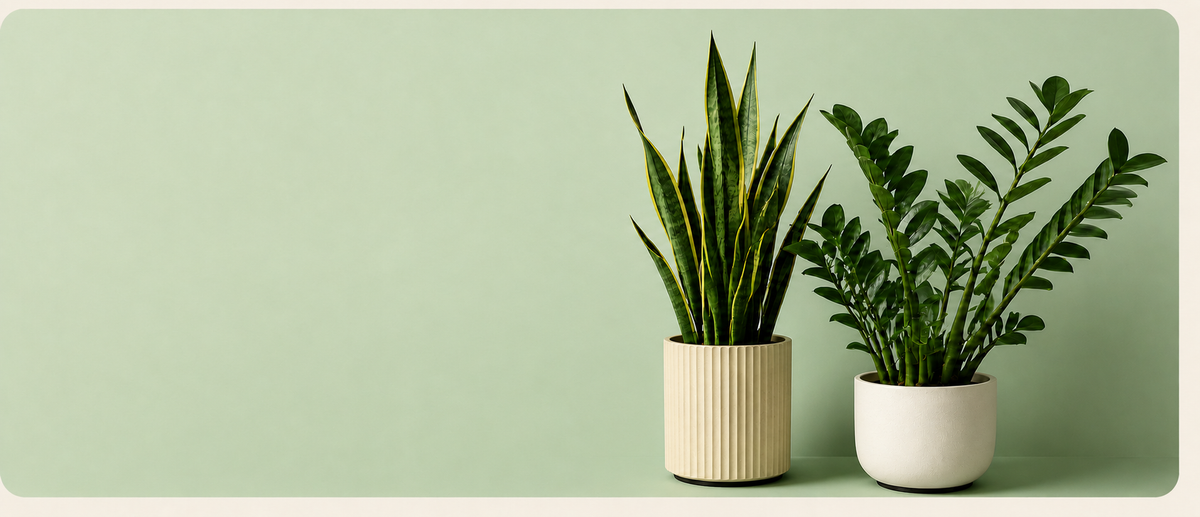 Snake plant and ZZ plant shown against a softly lit green background
