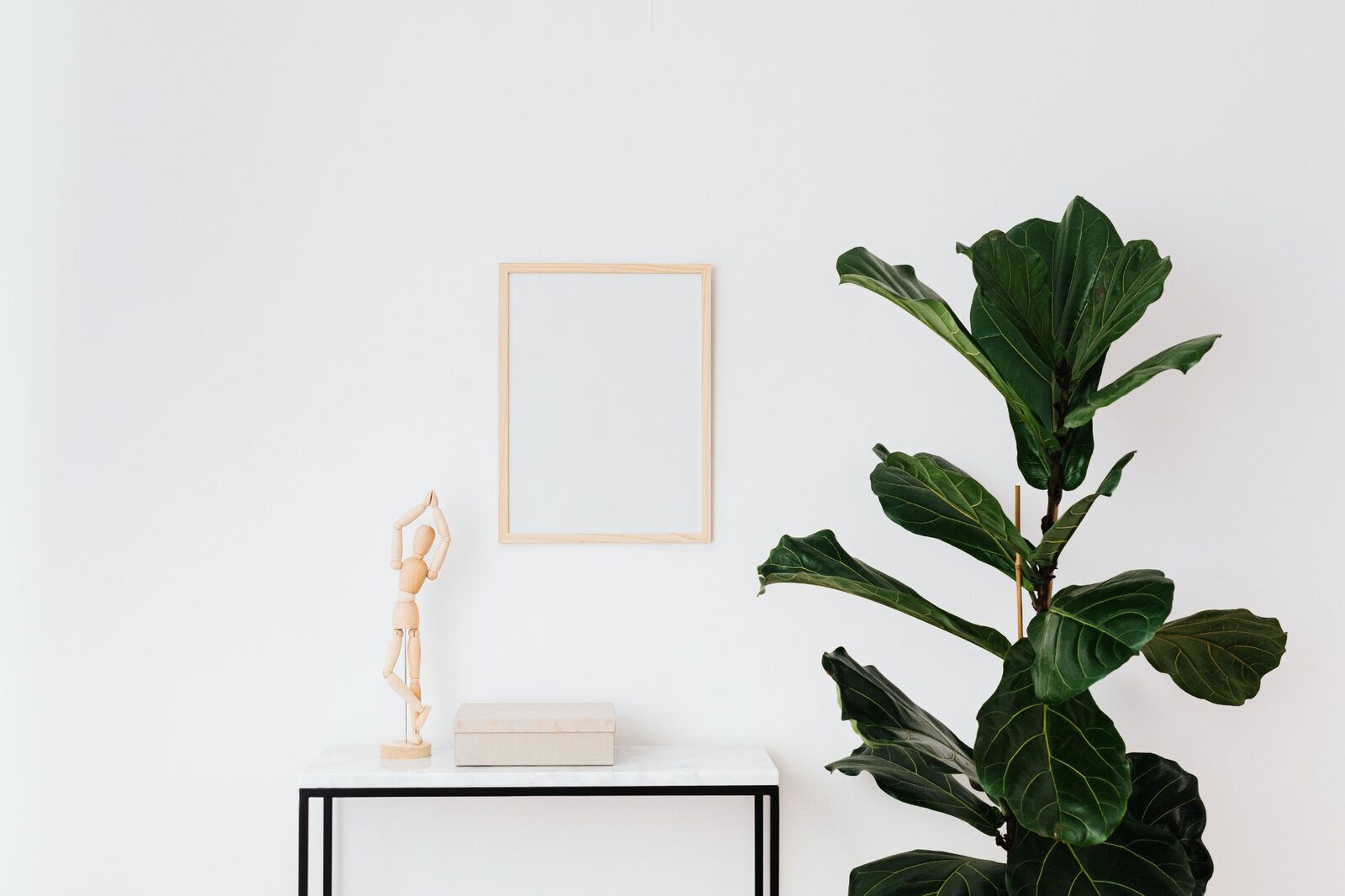 Tall fiddle leaf fig beside a minimalist console table and empty wood frame against a white wall.
