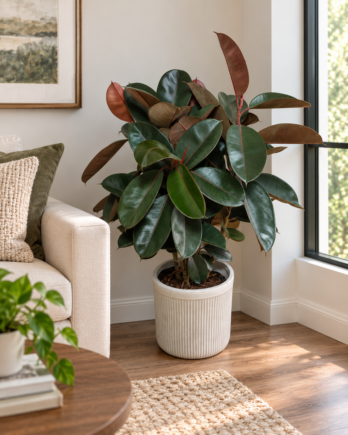 10-inch Ficus Burgundy Bush plant in a living room