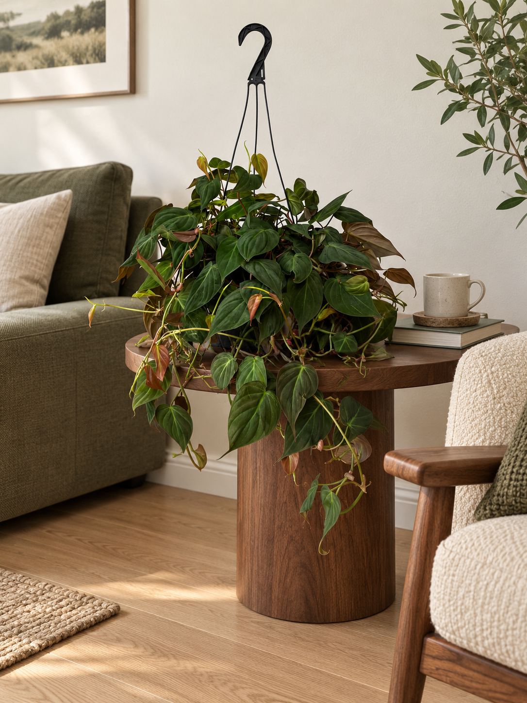 8-inch Philodendron Micans hanging basket in a living room