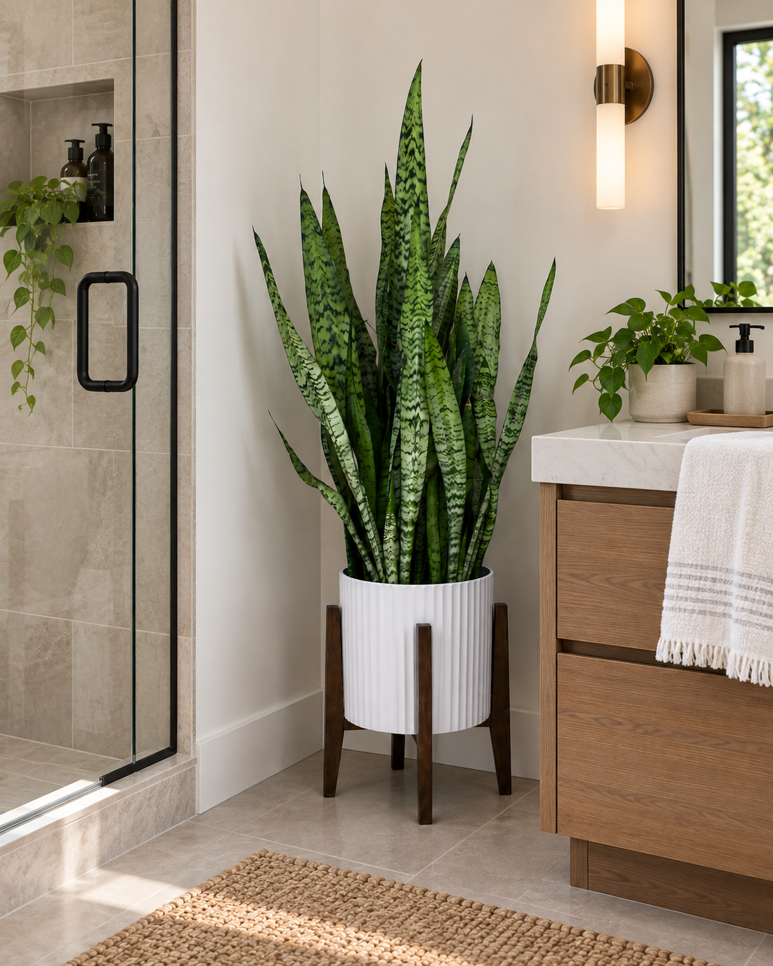 10-inch Snake Plant Coral 3 Feet Tall plant in a bathroom