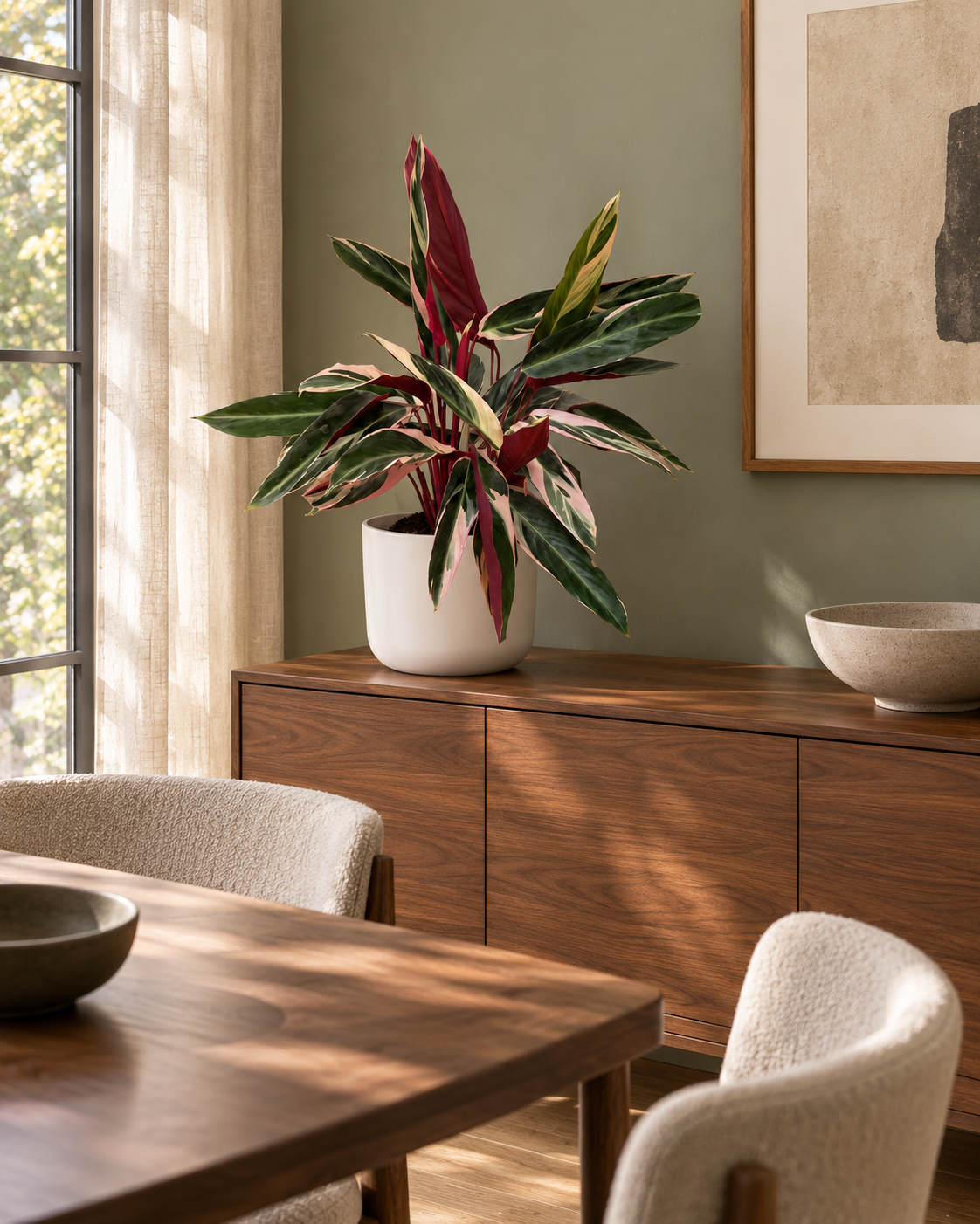 8-inch Stromanthe Triostar plant on a walnut sideboard